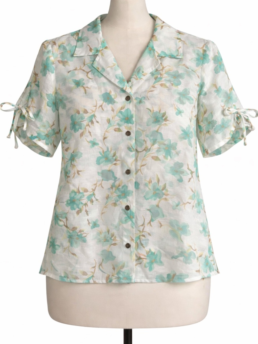 Susan Graver White Linen-Blend Button Front Top with Mint Floral Print